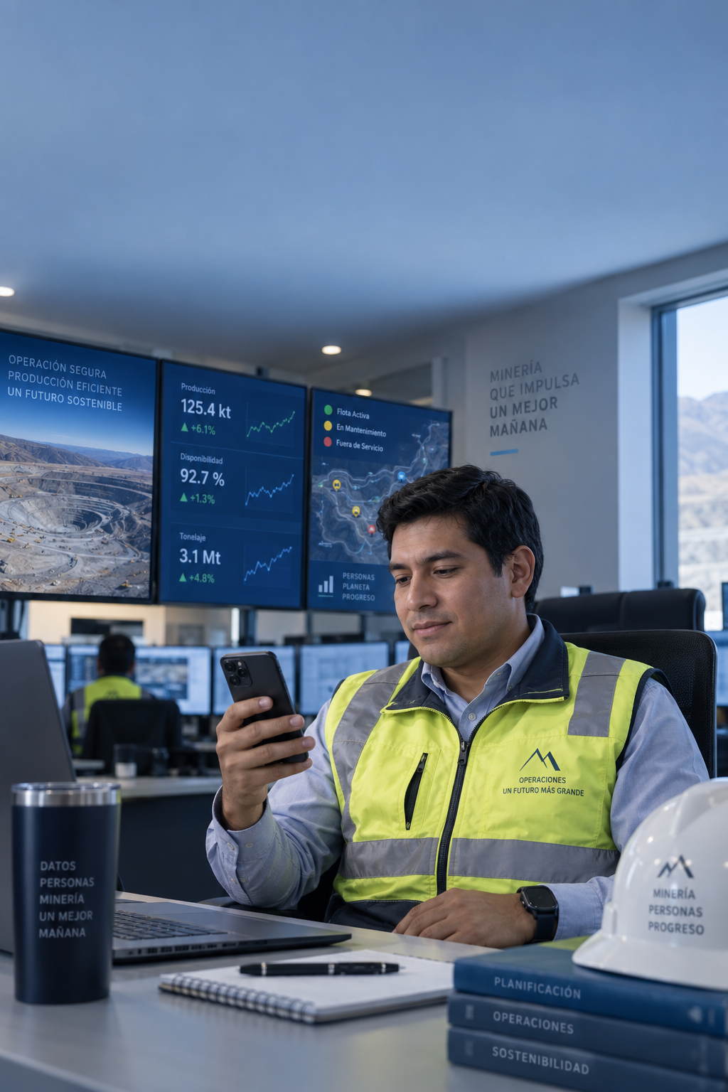 Analista de operaciones mineras usando Cori desde su celular en la oficina