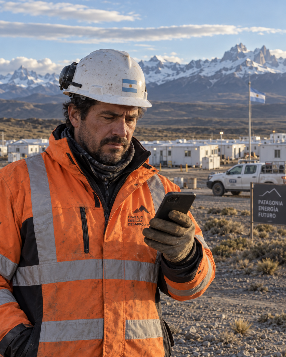 Trabajador usando su teléfono en un campamento remoto